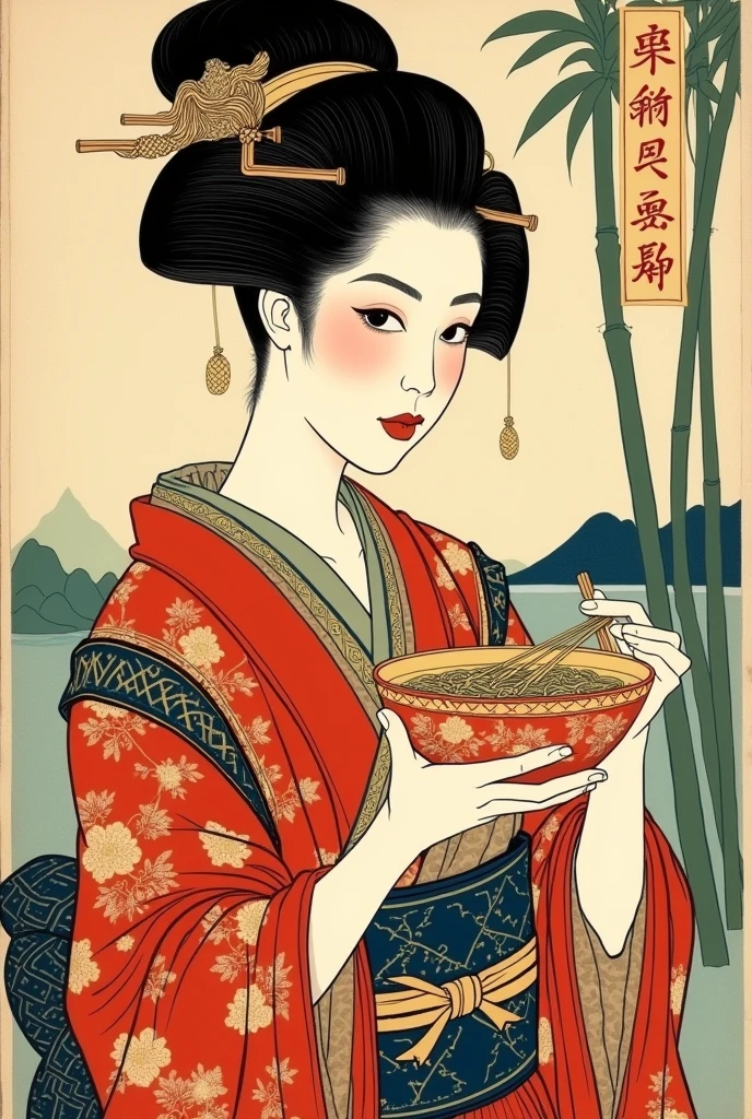 Ukiyo-e of a beautiful woman from the Edo period holding Nihachi soba noodles