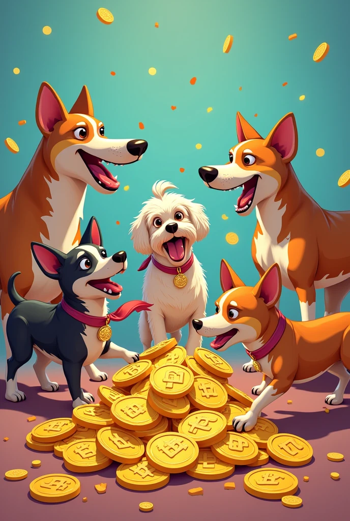 create 2D images of 5 funny dogs fighting over bitcoin coins