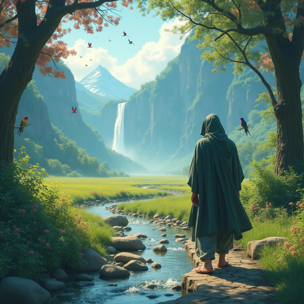 The land of immortality.
The cabuliwallah is walking , behind side, his features blurred, his entire body covered in a cloak. On one side of the road, there are trees of various sizes with flowers of different colors. On the other side of the road, there is a clear stream flowing over small and large stones, and beyond that, a vast green field. Small, colorful lovebirds are flying in the sky and sitting on the branches. In the distance, a waterfall cascades from the mountains.
"Make the person look like a man."