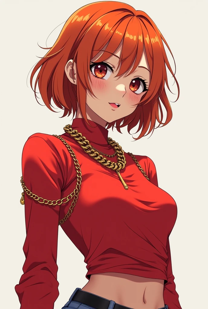 a female character, with short, shoulder-length ginger hair, and a short red shirt, and anime chains