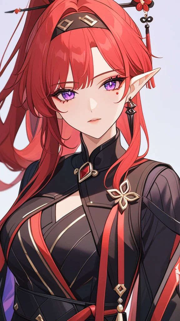 1girl,bangs,jewelry,ponytail,hairband,earrings,red hair,purple eyes,hair ornament,pointy ears,long hair,hair stick,facial mark,solo,mole,