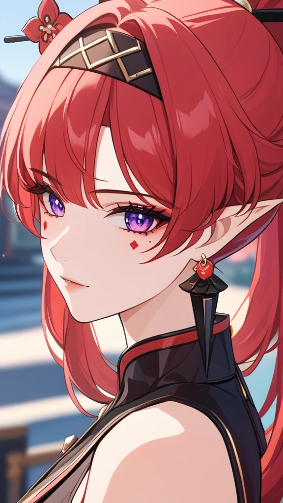 1girl,bangs,jewelry,ponytail,hairband,earrings,red hair,purple eyes,hair ornament,pointy ears,long hair,hair stick,facial mark,solo,mole,