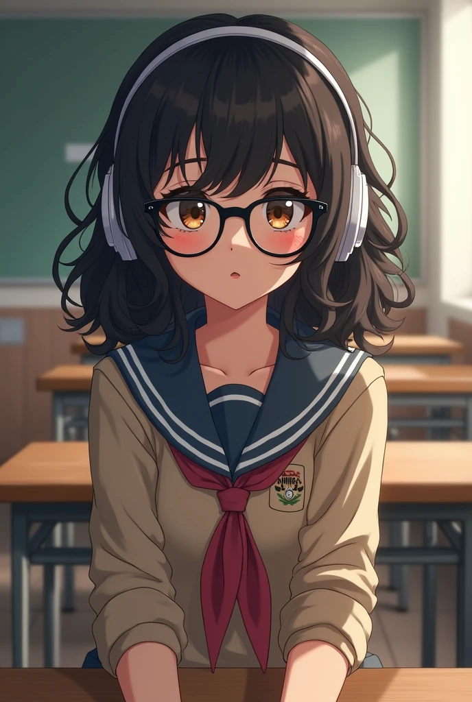 Girl with small eyes, with school clothes,Curly hair, that the hair reaches the shoulder, black and brown eyes, with headphones, in a class room, sitting,with glasses and not from hero academia
