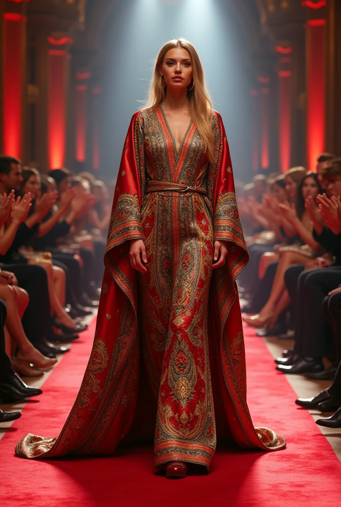 Create a high fashion runway video featuring  a girl  confidently  walking down a red carpet. The girl  is draped in a richly detailed, colorful, and image fabric that resembles a traditional royal  robe. The setting is a grand fashion show  with a glam proud and sophisticated audience complete with bright runway lights ,a long catwalk, and enthusiastic spectators clapping on either side. The atmosphere should be luxurious and opulent the elegance of the girl and. The fashion event.