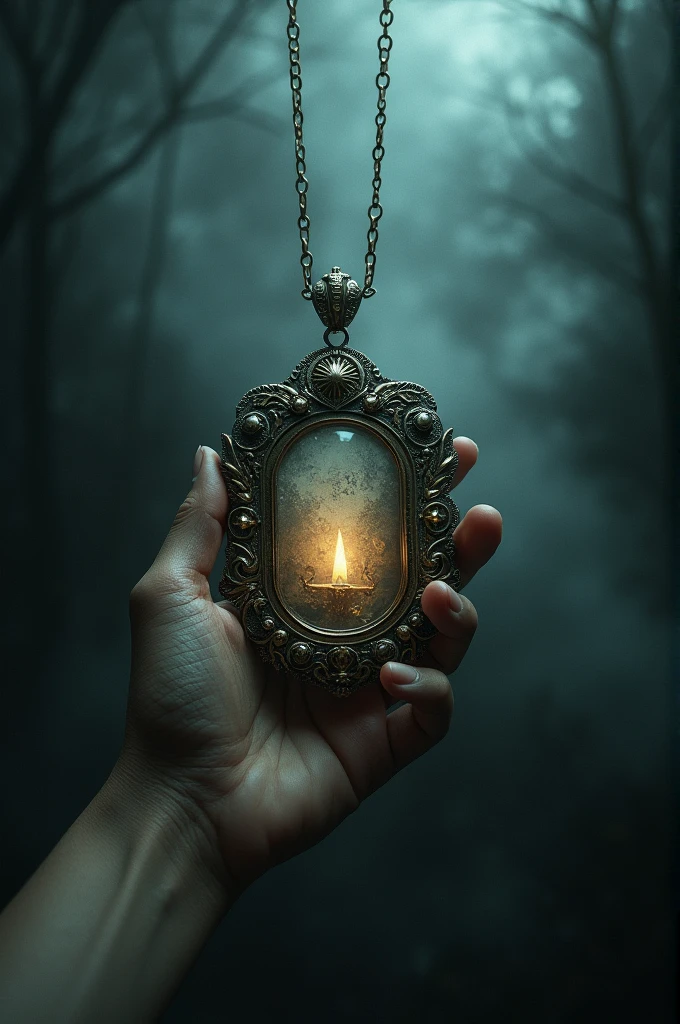 I want the image of a reliquary (an antique necklace with a photo inside that can't be seen) surrounded by darkness and mysterious looking fog, and the image of a hand trying to grab it
