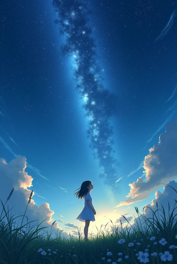 A girl on a meadow,Stars twinkling in the sky,Shining Star,milky way,I look up and see,masterpiece,Highest quality,最高masterpiece,Detailed anime art,Digital Art,