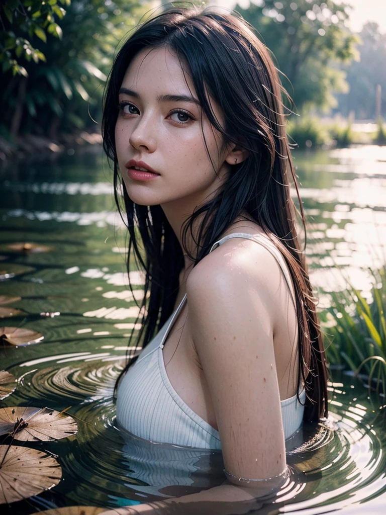 close up portrait of a cute woman (gldot) bathing in a river, reeds, (backlighting), realistic, masterpiece, highest quality, lens flare, shade, bloom, [[chromatic aberration]], by Jeremy Lipking, by Antonio J. Manzanedo, digital painting,