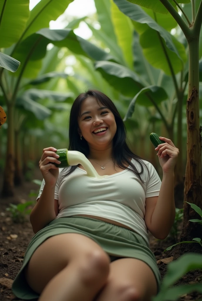 an Indonesian woman,full and plump body,short t-shirt short skirt,woman lying in a banana plantation,expression of exhaustion after ??????,satisfied smile,woman holding a cucumber that exudes milk from inside,milk fountain from cucumber