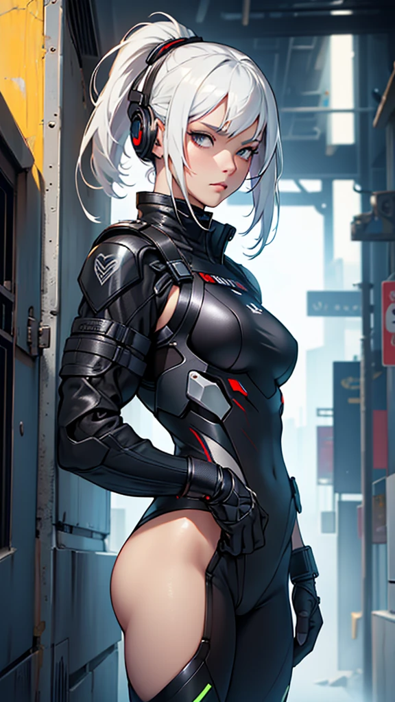 Beautiful cybernetic girl realistic masterpieces (best quality,ultra-detailed), white hair, fair skin, fit body, slim figure, narrow waist, (cocky expression), black SWAT uniform , heavy kevlar body armor