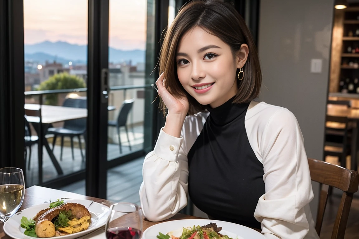 （Realistic:1.1）,(masterpiece,Highest quality)，8k,(4), 5, ベリーslimボディ、slimカップル、Tight waist,Upper Body,full-course dinner、wine 、Amazing view of the sunset sky and clouds、Perfect ???????, Brown Hair, short hair,Random Hairstyles,((Highly detailed face and eyes:1.2))，Perfect golden ratio face，Long sleeve shirt、dress,(smile:1.2)、Shortcuts、cute、(Realistic, Intricate details:1.2), A bright smile、short hair,Bright Face、赤wine 、Appetizers、Italian food、wine bottle、Champagne、スパークリングwine、(slimな顔), (The body is slim), (Brown Hair), (Shortcuts),  Upper Body, 白wine, slim, wineグラス, 