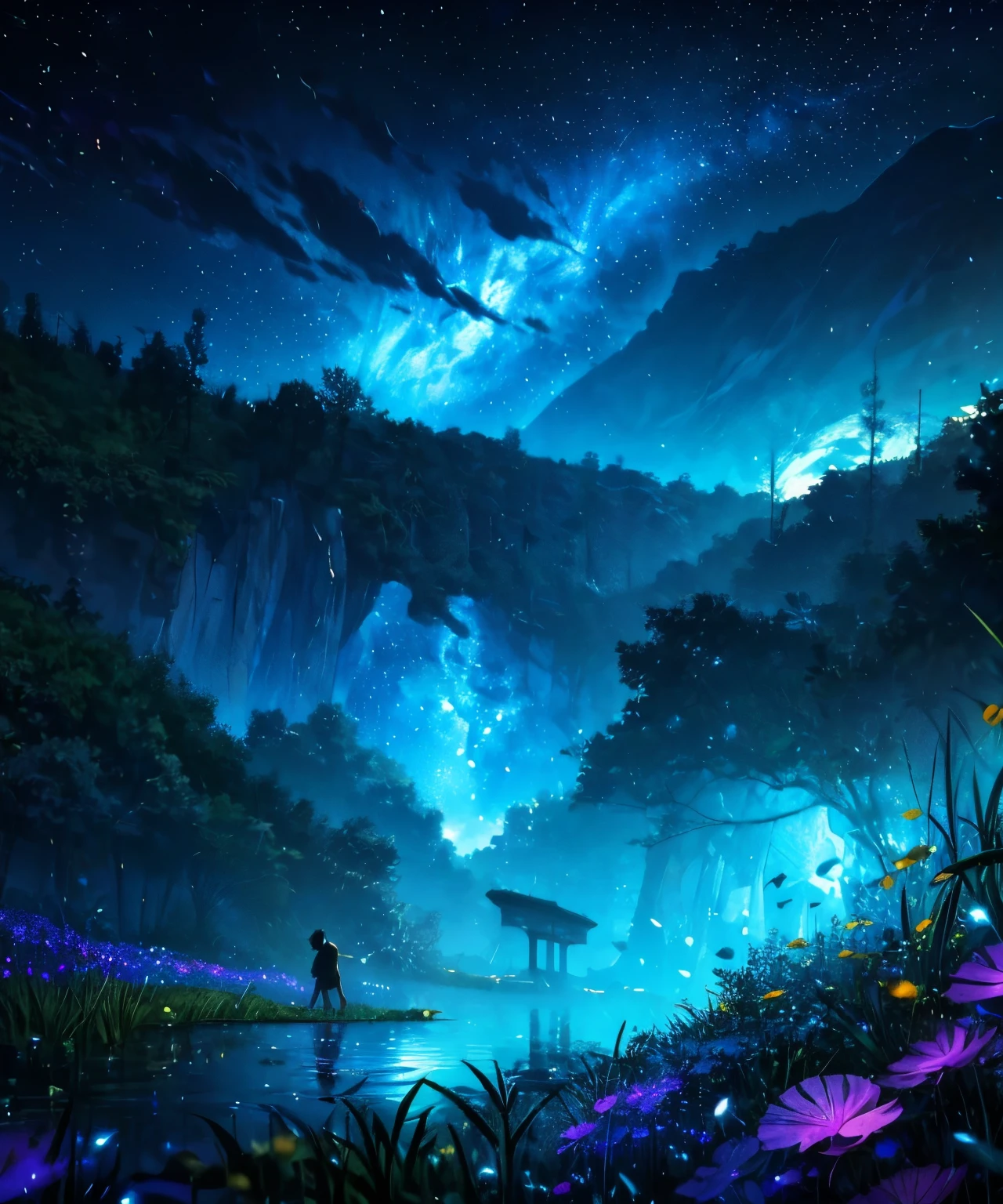 Cute girl characters、Depicts a scene of grassy butterflies flitting about lying on the surface of the water, Look up at the starry sky. Surround her with colorful nebulas and your favorite constellations。.