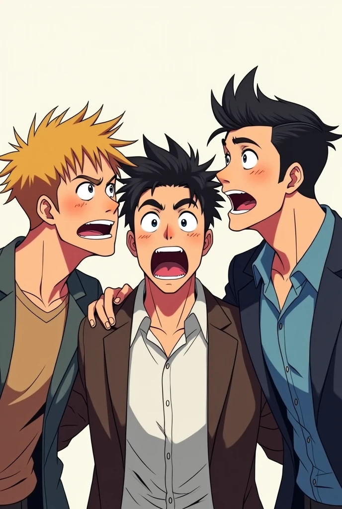 Three men with different hair styles are shocked in a funny way, anime