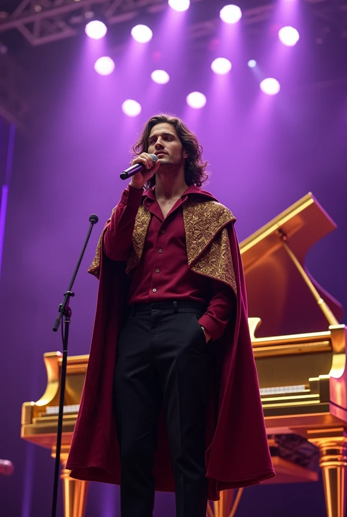 artwork best quality realistic image handsome american male ager long brown hair light skin in burgundy button down shirt and black pants with burgundy cape and hood coat with intricate gold details glowing playing golden piano and glowing and singing with a microphone in front of him with purple lights around it illuminating him intricate details singing seen from the front at a concert with details uhq 8k realism