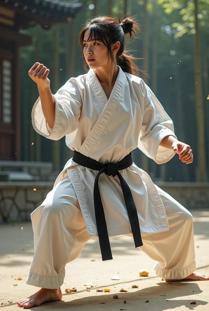 (((Have perfect anatomy、Carefully drawn limbs))),(((Capture the essence of the action、Don't miss the photo opportunity))),Beautiful Karateka Shiho,(A graceful hitting form with a low center of gravity),Japan's top athletes,A fluid and powerful core,(((He is wearing white long sleeves, Wearing a long-hem karate uniform、He proudly wears his well-worn black belt..))),Deep concentration,Martial Arts Master,Japan,Extreme Vacuum Hand,Accurate kicks and strikes,Splashes of sweat,Strength and discipline,defender of peace and justice,Sharp reflexes,Controlled breathing,Dojo training,Mental and physical balance,harmony of mind and body,Aiming for perfection,strategic combat,dynamic fighting techniques,Strong stance,rippling muscles,energetic punches and kicks,Focused gaze,Resolute expression,zen-like concentration,Split wooden boards skillfully and quickly,Well thought out training sessions,Strict discipline,competitive tournament,White on white color scheme,Karate Master,Karate as a way of life,Intense exercise,Energy explosion,Conscious Use,trip,Fierce determination,unwavering,Battle-hardened karate artist,bamboo forest,Destroy your opponent with precision,lead by example,Indomitable,Perfect technique execution,Embodying the essence of karate.Deep depth of field with the Nikon D5,F-stop 1.4. Shutter speed 500/1. Capture cinematic moments at ISO 100,