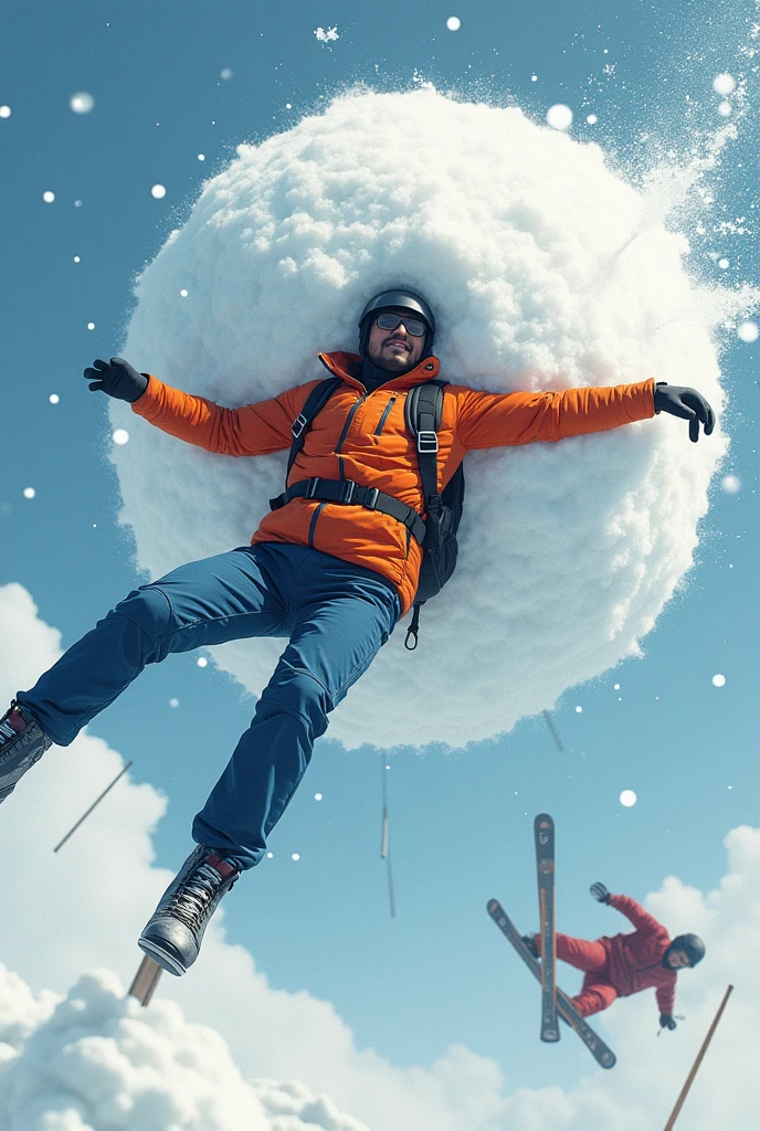 a 30 years Indian man skidiving in the snow, a giant snow ball hits him, he injured, covered with snow and skier falling off of a snowboard in the air, high snow, snow crash. He wears an orange jacket, blue pant, helmet, black glasses. Poles are also in the air due to the hit of giant snow ball