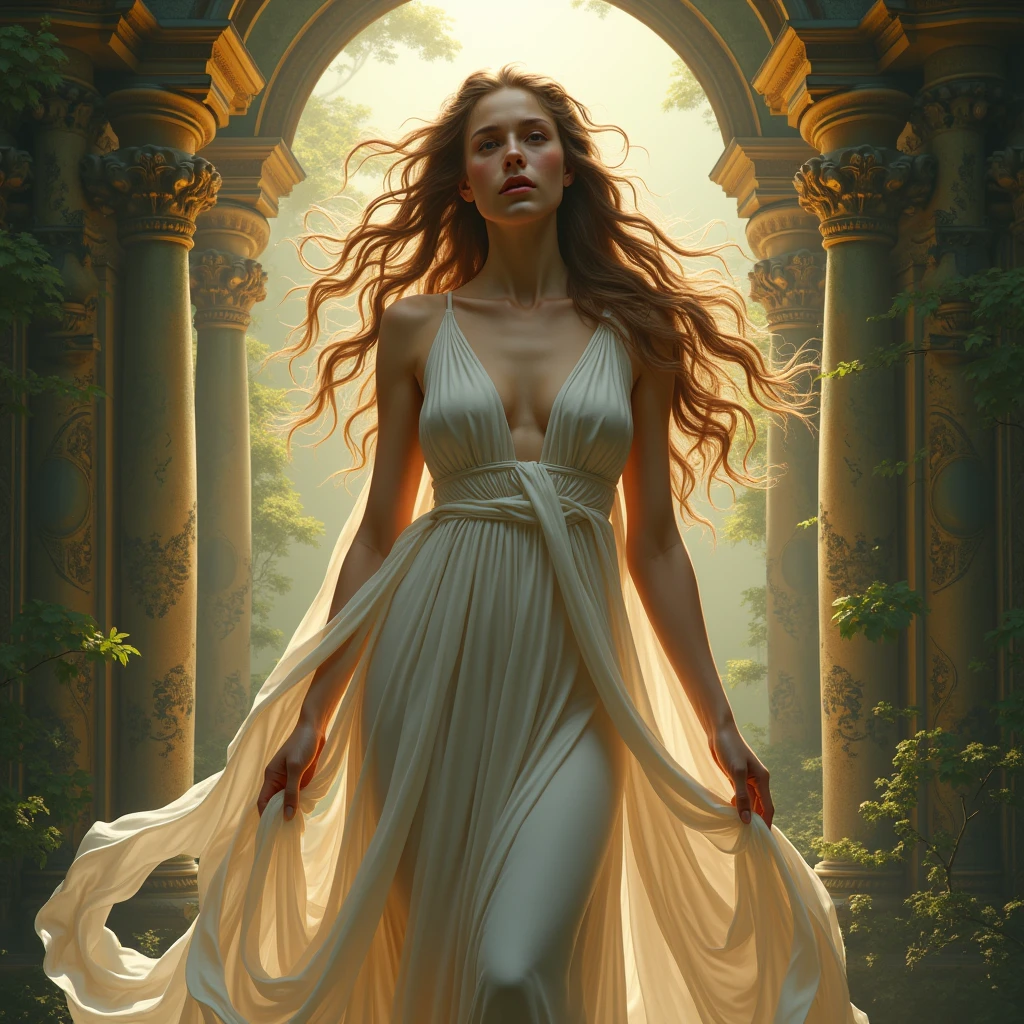a beautiful detailed woman with flowing hair, a detailed goddess-like figure, a mythological centaur, intricate ornate patterns, ornate architectural background, lush verdant landscape, dramatic lighting, cinematic composition, masterful digital painting, vibrant colors, chiaroscuro lighting, classical renaissance style, ethereal and dreamlike atmosphere