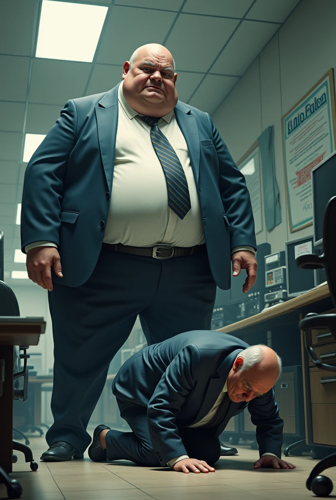 Prostration、bow down、Fat old man in a suit、Lots of desktops、Apologizing to a giant PC