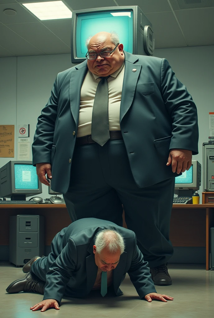 Prostration、bow down、Fat old man in a suit、Lots of desktops、Apologizing to a giant PC