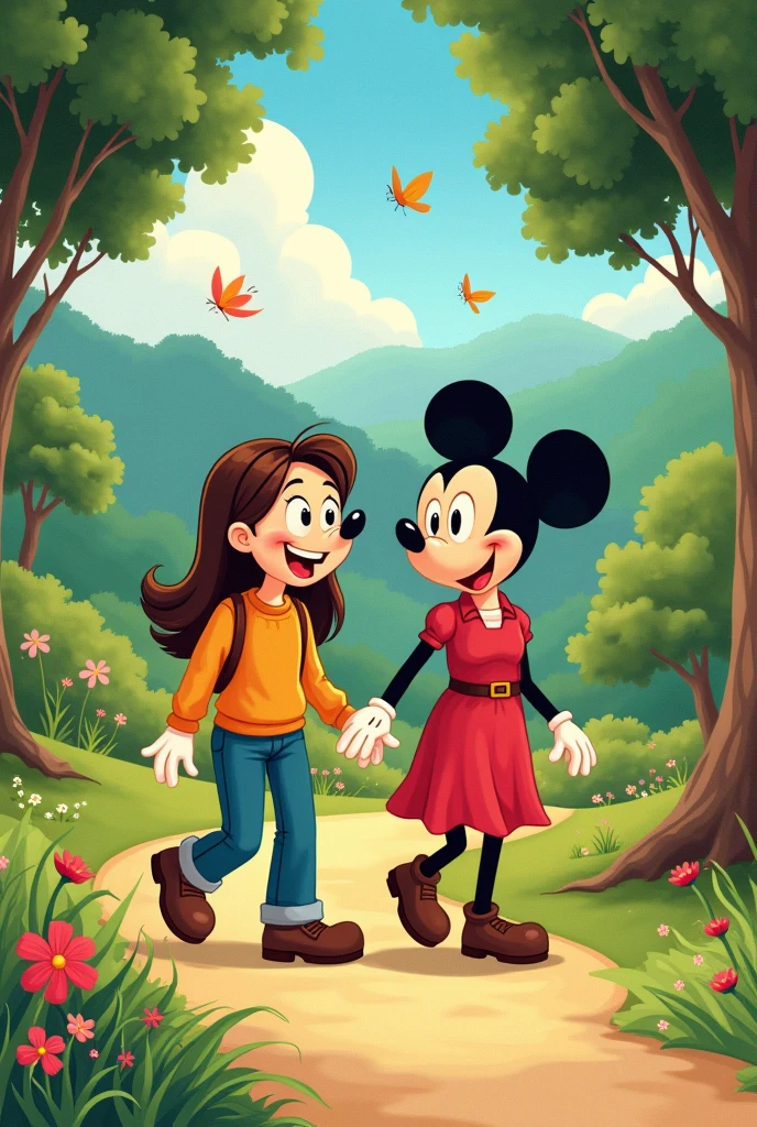 generates piedad bonnett taking a walk through the park with someone as if it were a cartoon the style of cartoon its like micke mouse draw