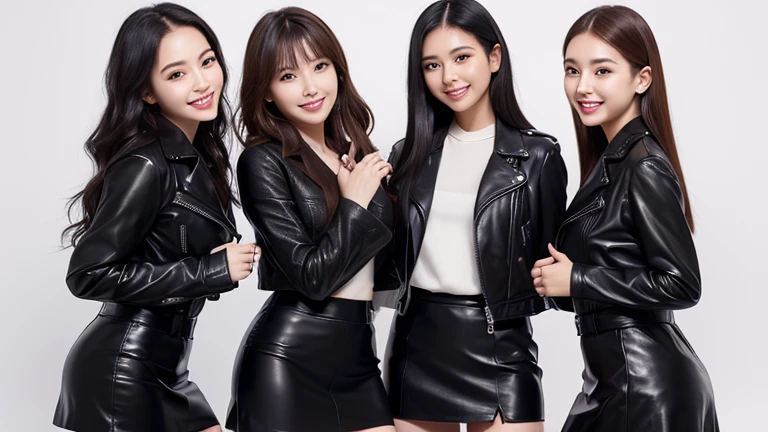 (best quality, masterpiece), (muscular:0.7), Japanese model, athletic, long hair, smile, happy, wavy hair, standing , looking at viewer, ((short silk skater skirt)), makeup, pantyhose, thigh high boots, navy puffer coat, down coat, red silk bra, large breasts, 2 girls (((hugging)))