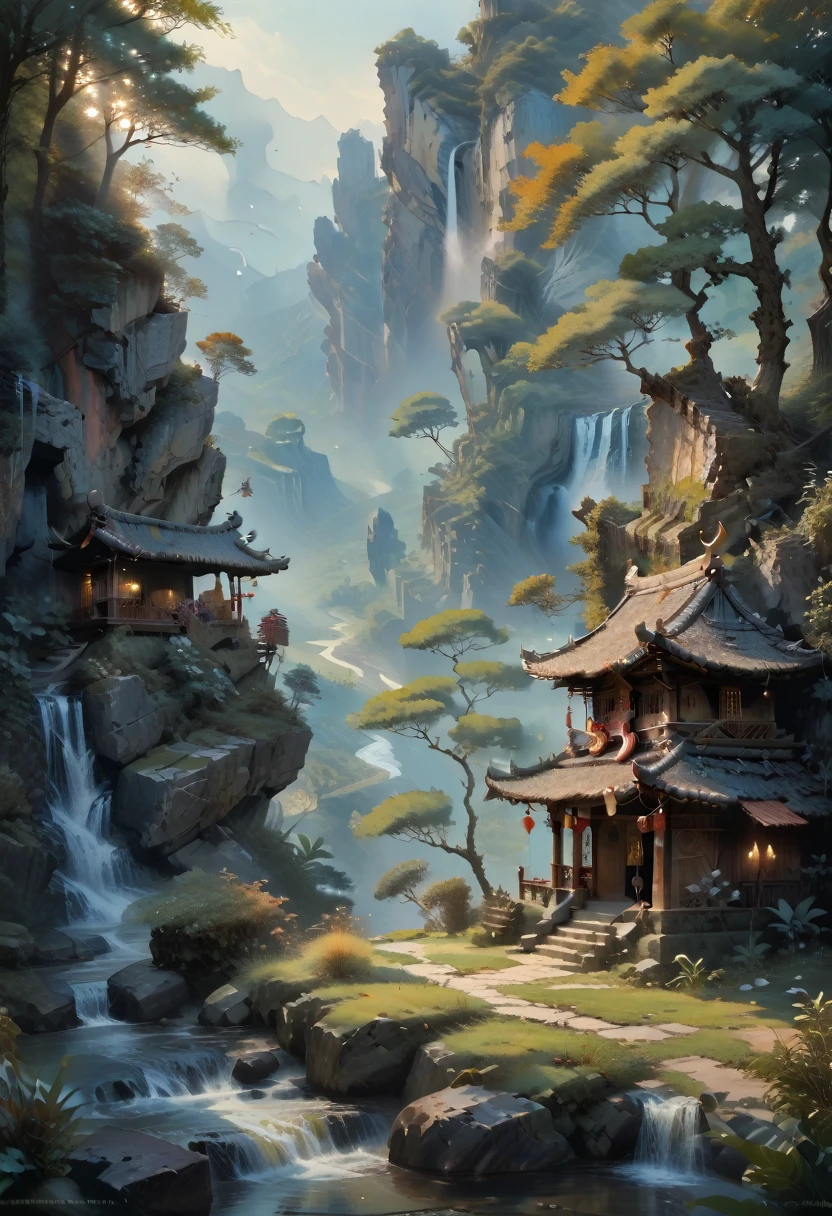 2. Mountain view with waterfall and pagoda in the middle, painted scene by Han Gan, winner of cg society competition, fantasy art, dreamy Chinese town, Chinese landscape, Chinese fantasy, made of trees and fantasy valley, ancient city view, order Impressive fantasy landscape, most epic landscape, pagoda on hill, mountainous jungle environment, avatar landscape, chinese village.