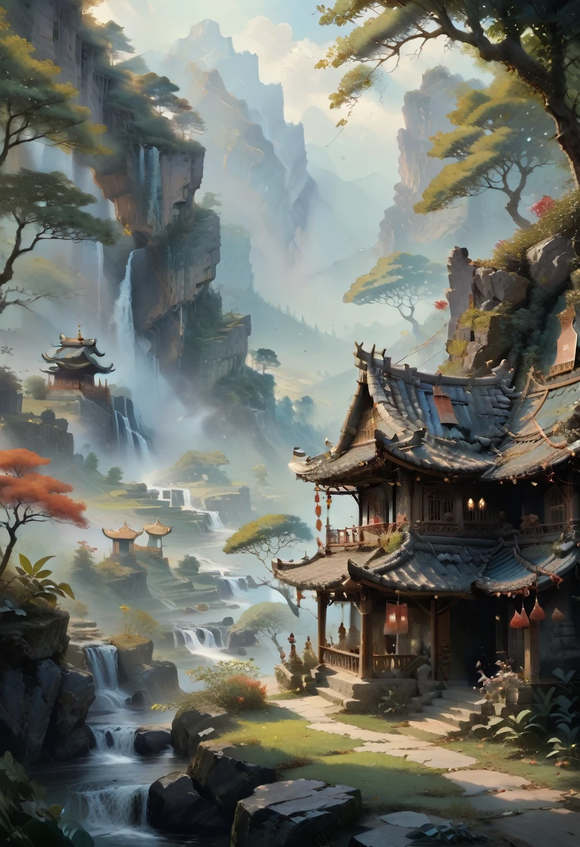 2. Mountain view with waterfall and pagoda in the middle, painted scene by Han Gan, winner of cg society competition, fantasy art, dreamy Chinese town, Chinese landscape, Chinese fantasy, made of trees and fantasy valley, ancient city view, order Impressive fantasy landscape, most epic landscape, pagoda on hill, mountainous jungle environment, avatar landscape, chinese village.