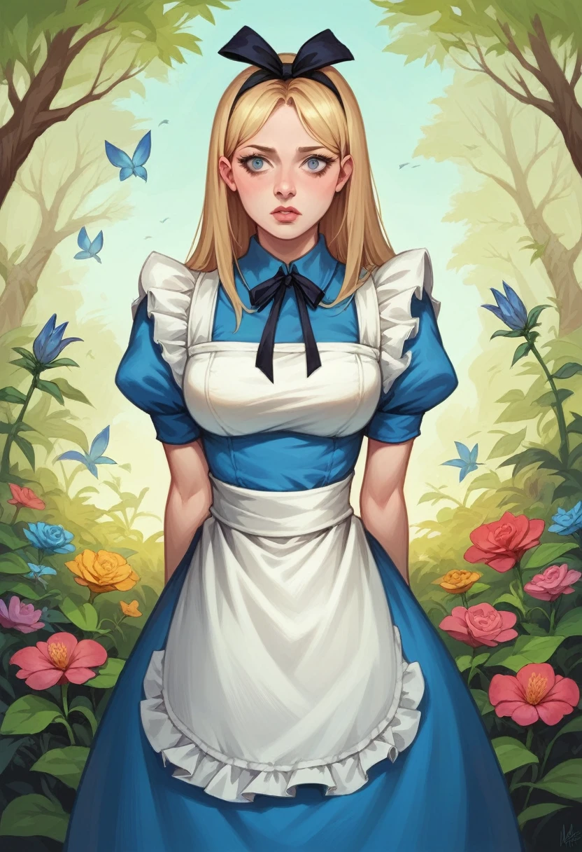 Photorealistic image, Alice in Wonderland,  an imaginative scene from Alice in Wonderland,  Alice in her classic attire—a blue dress with a white apron. She is surrounded by the whimsical and surreal elements of Wonderland, the background is filled with vibrant colors, strange plants, and a winding path that leads to unknown adventures. The atmosphere should be magical, curious, and full of wonder, capturing the essence of a fantastical journey through a dreamlike world.


