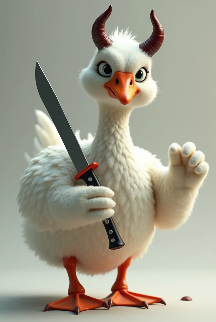 Cute goose with a knife in one wing, devil horns on head