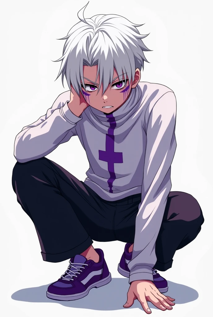 a high resolution, super detailing, 1male, teenager boy, violet pupils, wide white-violet turtleneck, black-violet pants, violet shoes, white hair, short hair, slicked back hair, very tired eyes, passive angry look, close mouth, look at the viewer, under the right eye there is a black mark in the shape of arrowheads, under the left eye there is a white mark in the shape of arrowheads, thick fur white eyeslashes, left arm holding on knee, right arm holding on floor, squatted down, there is a purple mark on the neck in the shape of an arrowhead, anime style, high detail, 16K, Best quality, high quality, accurate, masterpiece, uhd