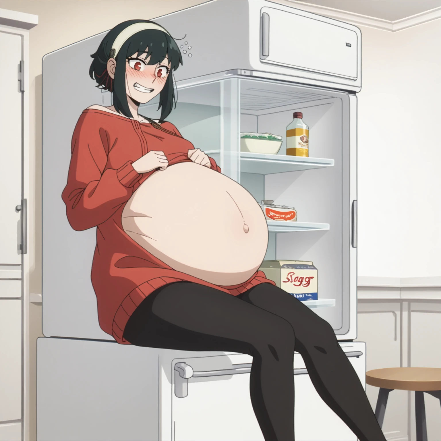 I look at the viewer, One, yorforger,1 girl, ((medium breast)), ((belly stuffed)), ((huge belly)), ((Very drunk)), ((staggers)), black hair, Red eyes, short hair with long strands, white hair band, from the shoulder, red sweater, black tights, ((drank too much)), ((exhausted)), ((excited)), ((in front of the refrigerator)), ((Outdoor refrigerator)), ((lean on the fridge)),