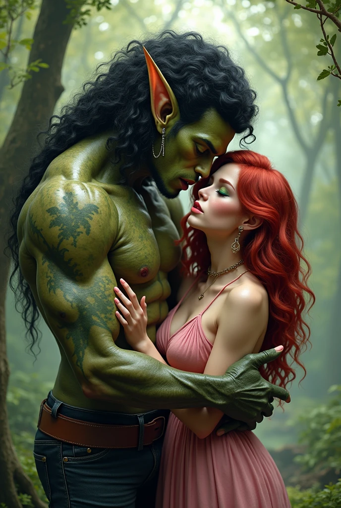 A man half trool alin and half human, leaf tattoo , they are the axis, he is strong and big and has curly black hair and wears earrings. Has human eyes and elf ears. Forest and magic scenery, he is hugging the sexy and modern and beautiful human and "gorda,"beautiful and young and cute with red hair and green eyes , pink dress