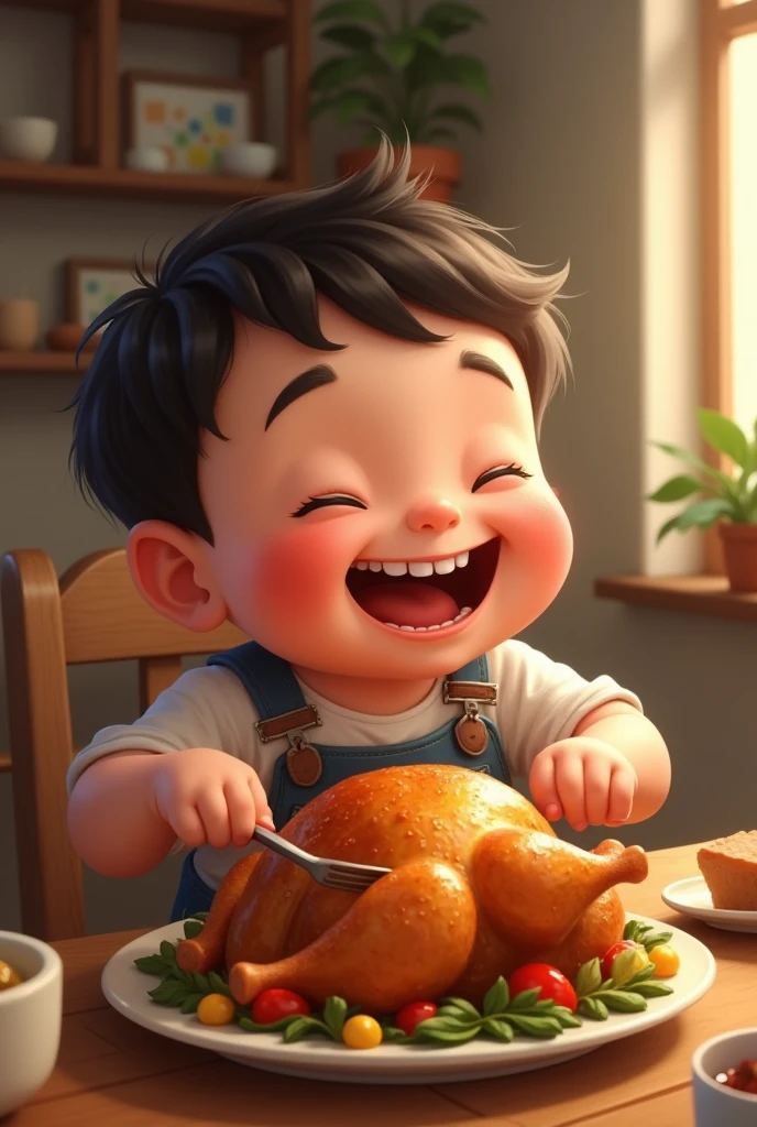 Draw me a picture , chubby boy likes to eat roast chicken
