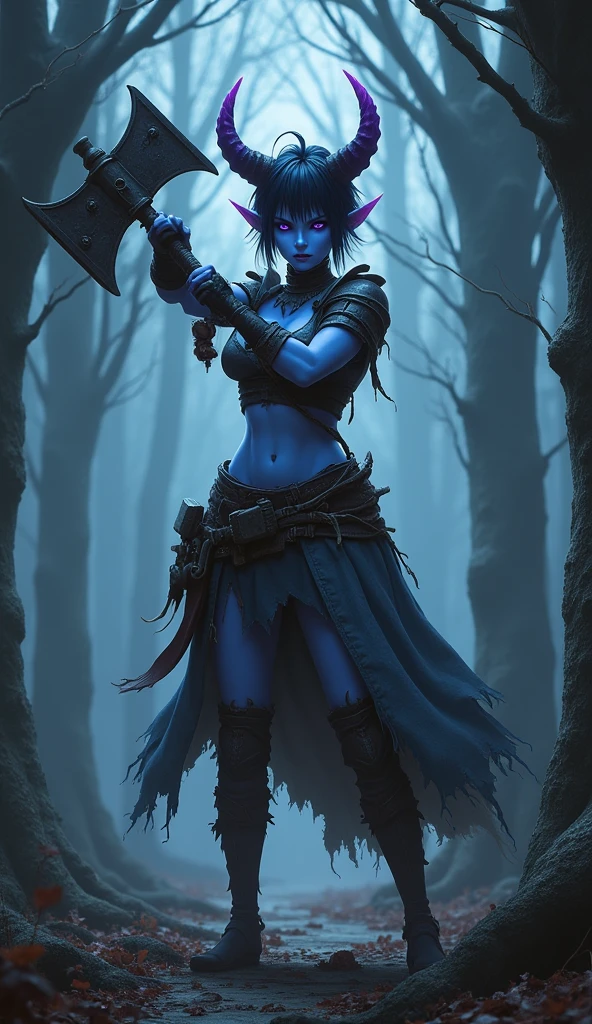 Destiny, the light blue Tiefling from Dungeons and Dragons, best quality, ultra-detailed CG unity 8k wallpaper, firey rage, high resolution, dynamic pose, beautiful face, 2 demon horns (glowing purple and black eyes:1.2, black and purple hair:1.3, pixie cut hair, ragged clothing, small breasts:1.5, bare midriff, bare hands, bare arms, bare legs, bare shoulders), depth of field, firey hellscape, dark light, night time), (high fantasy), weilding a waraxe, (abs:1.5), (muscular:1.5), (light blue skin:1.2)