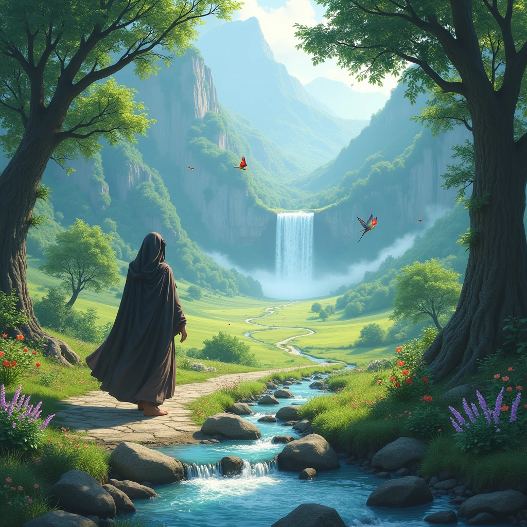 The land of immortality.
The cabuliwallah is walking , behind side, his features blurred, his entire body covered in a cloak. On one side of the road, there are trees of various sizes with flowers of different colors. On the other side of the road, there is a clear stream flowing over small and large stones, and beyond that, a vast green field. Small, colorful lovebirds are flying in the sky and sitting on the branches. In the distance, a waterfall cascades from the mountains.
"Make the person look like a man."