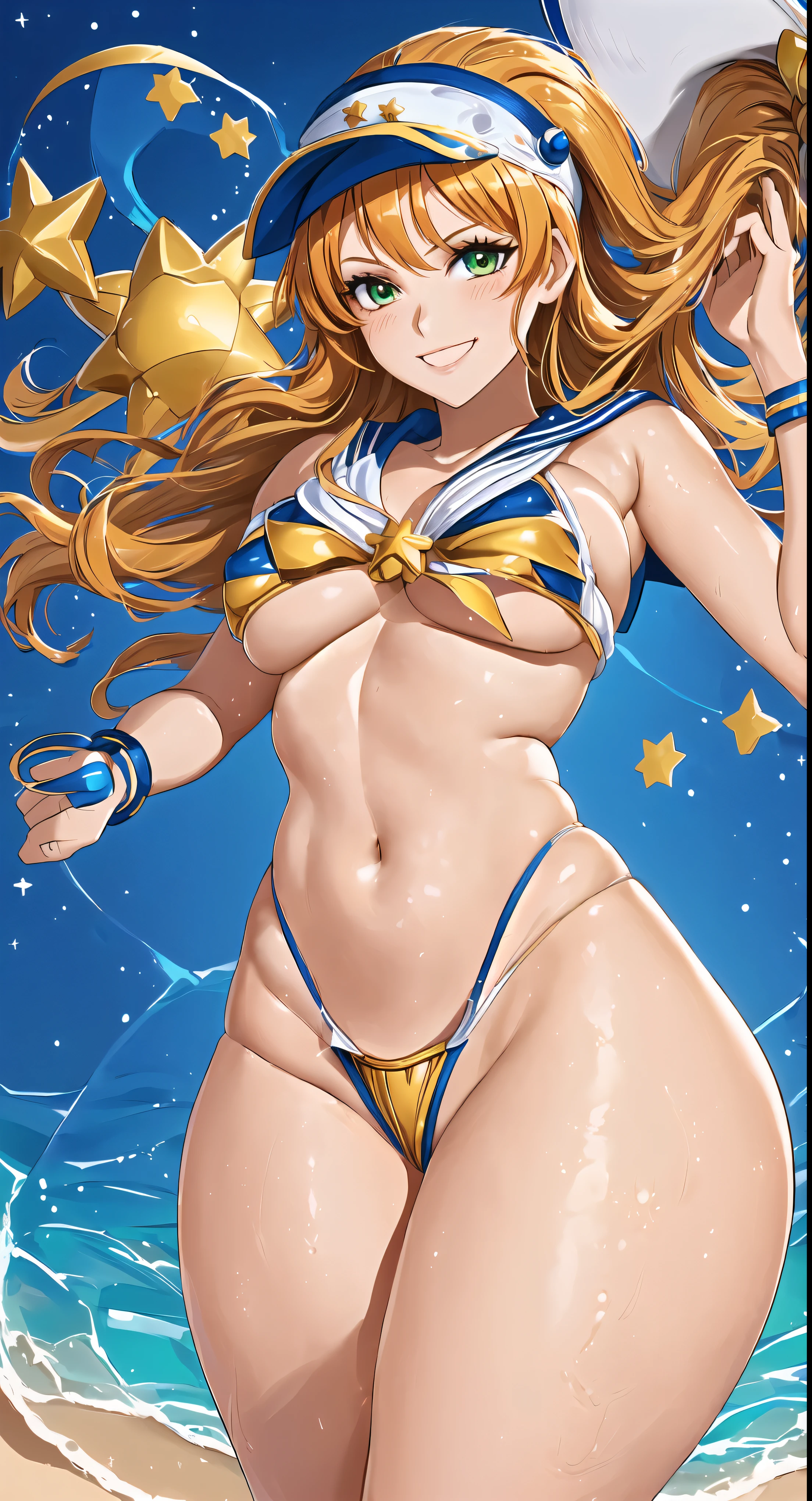sailor girl in a bikini and hat with stars in the background, nami one piece, nami from one piece, nami, asuka suit under clothes!, lovely brigitte from overwatch, sexy-s 100, the sailor galaxia. beautiful, beautiful portrait of nami, miss fortune, glamorous angewoman digimon, full body zenkai! asuka suit