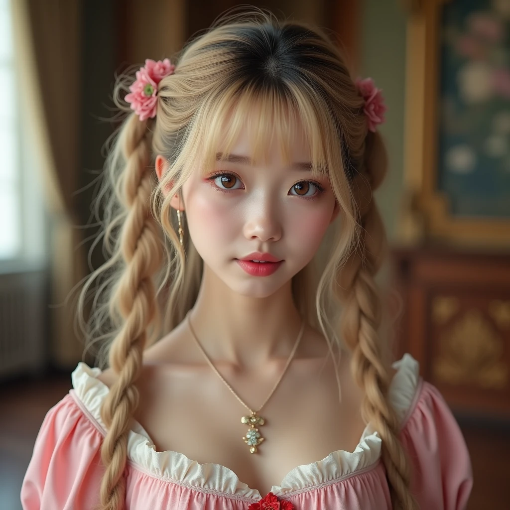 masterpiece、high resolution、8k、Delicate depiction、(((Realistic)))、(((real woman)))、(((beautiful woman)))、(((cute woman)))、(((photograph)))、(((not animation)))、(((not comic))),young、22years old、White、Blonde Hair、long hair、(((Twin tails)))、bangs、(((three eyes)))、(((eyes same size)))、(((third eye on the center of amount)))、Brown eyes、Pink lipstick、little smile,Pink open chest dress、White fabric on the chest、A fluttering red ornament on the collar、Bust Shot、Inside the castle