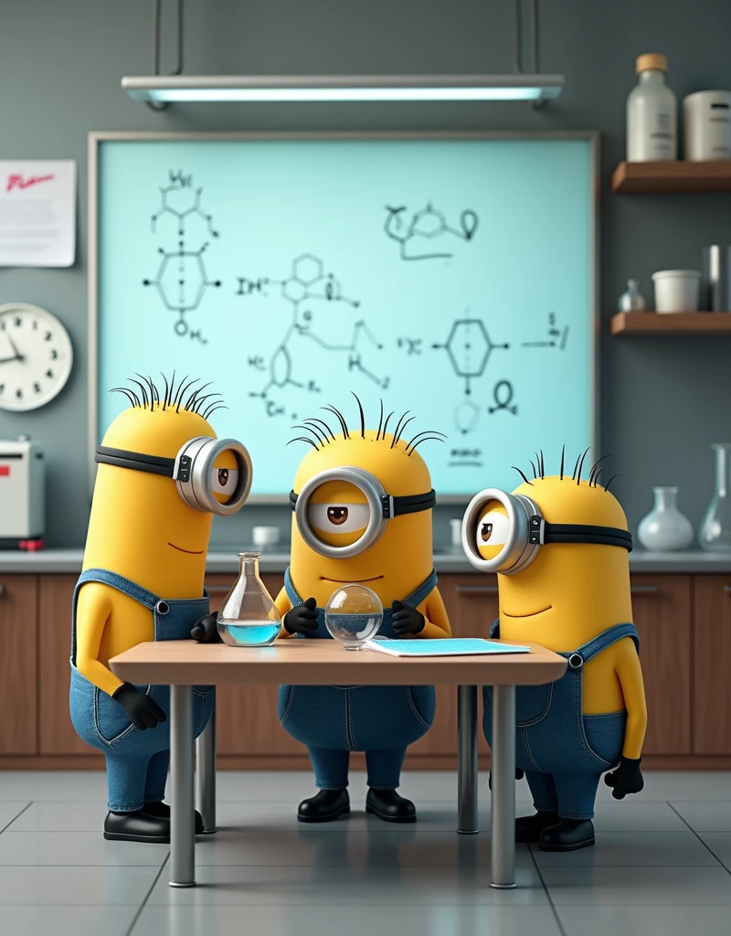The laboratory is in a neat state., orderly. Minion Kevin, Bob and Stuart are gathered at a lab table., with a whiteboard behind filled with complex chemical formulas and detailed notes.