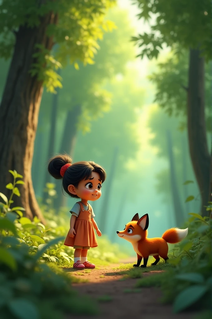Prompt: Amina walking deeper into the forest, with tall trees around her. She encounters a small, weak, and hungry fox with sad eyes, looking up at her.small girl 3D animated cartoon