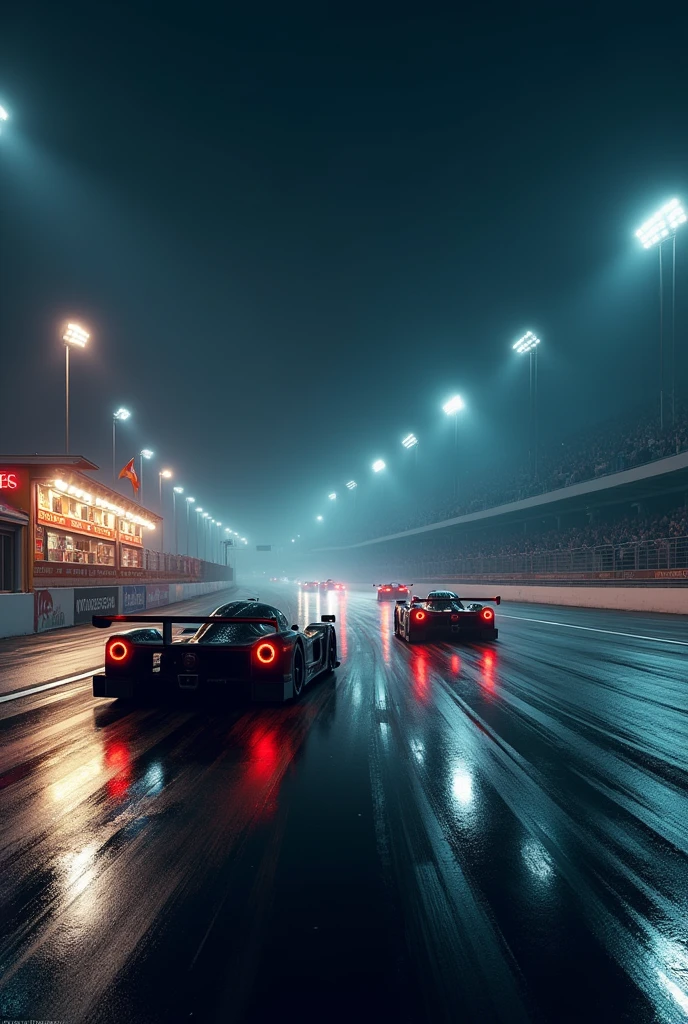 A race track at night, where the wet asphalt glistens in the spotlight. The image depicts the excitement of the competition and the lonely struggle. there is a buffet where they sell beer and hotdogs.