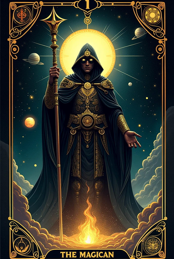 Tarot card image、Includes cosmic elements such as stars and planets、「magician」The central figure is depicted as embodying the concept of。The figure holds an upturned staff to symbolize creation and manifestation.。Traditional tarot card frame and、タロットデッキのmagicianの位置を表すトップに1の数字を含める。Intricate details suggest mysticism and power、For example, adding esoteric symbols to a person&#39;s clothing or hands.。The overall tone is mysterious.、Balances dark and light elements to represent duality。
Light shines in、