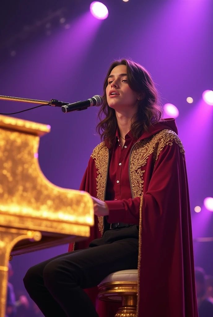 artwork best quality realistic image handsome american male ager long brown hair light skin in burgundy button down shirt and black pants with burgundy cape and hood coat with intricate gold details glowing sitting playing golden piano and glowing and singing with a microphone in front of him with purple lights around it illuminating him intricate details singing seen from the front at a concert with details uhq details 8k realism