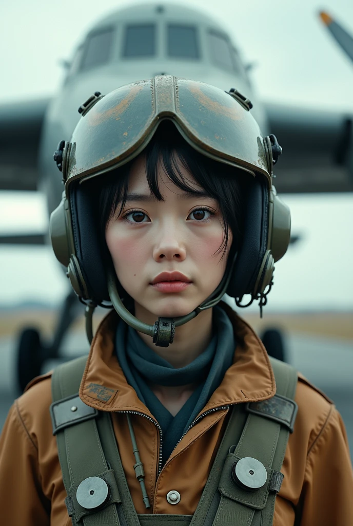 ultra-realistic, photorealistic, beautiful Japanese girl, beginner military pilot of the Japanese flying boat, she is so nervous, she is standing in fromt of the Japanese military flying boat at airport, Four propeller engines, dramatic scene, masterpiece, face focus, flight helmet, breathe mask, very beautiful eyes, military pilot's flight suits,