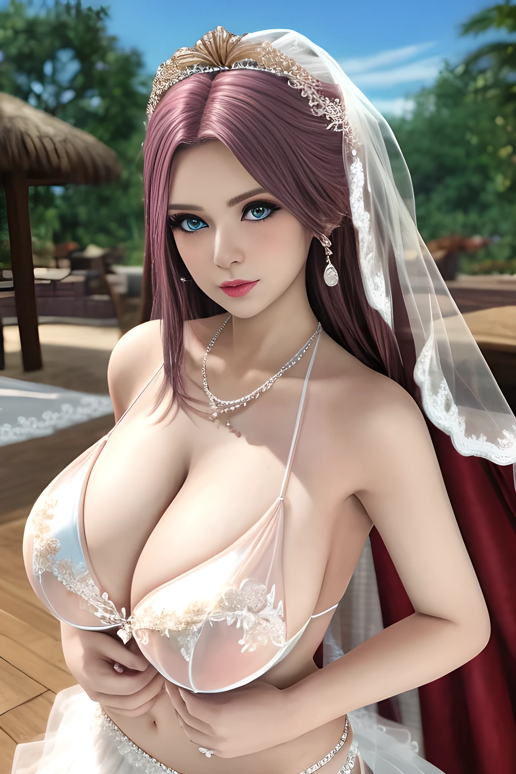 1girl ,flirtatious expression, wearing flirtatious expression, wearing Bikini style wedding dress,,, huge breasts,mature women, elise