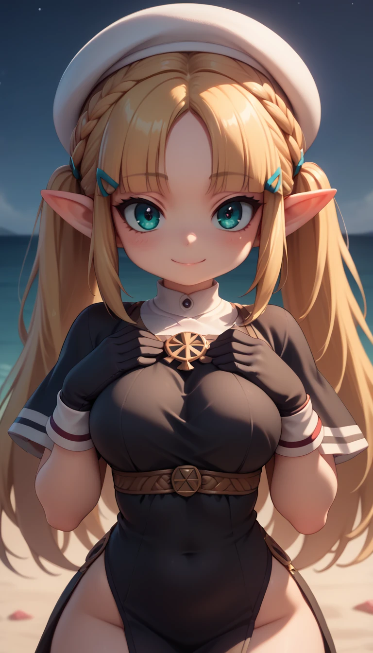 High resolution, Very detailed, perfect lighting, beautiful detailed eyes, ((masterpiece,Best Quality)), absurdities, alone, princess zelda, by the width, crown braid, Hair clip, pointy ears, Gloves without fingers, black gloves, smile, curves, nod, , deep neckline, deep neckline, touching her breasts in a sexy way, close up, black fur, close up, pigtails with bangs, pigtails with bangs, touching her breasts in a sexy way, teal eyes, close up, pigtails with bangs, pretty face, white beret, beach at night, black dress 