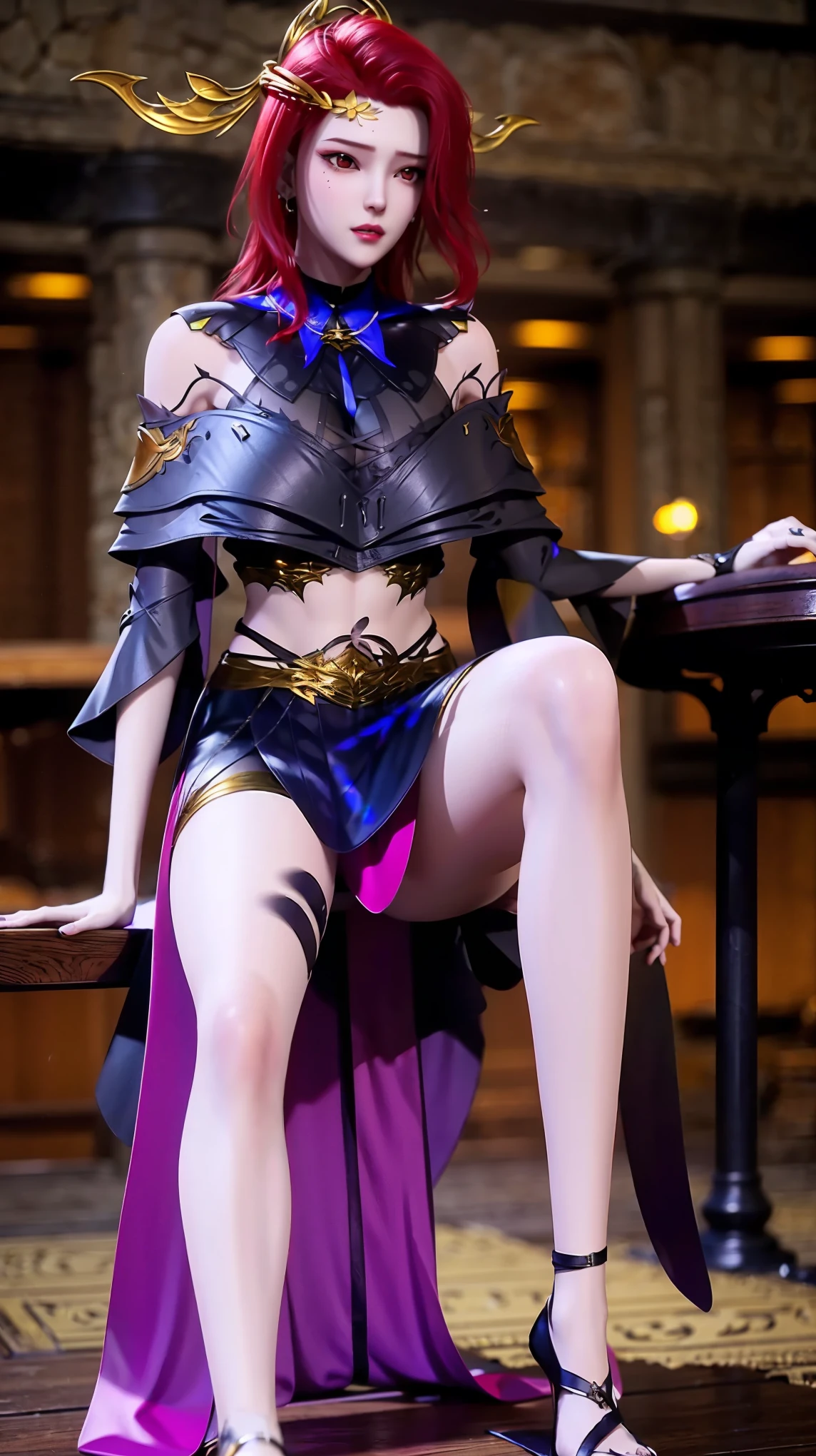 ((Shot in the knee)), ((From below)),A young girl, Wearing a skirt,At the bar, sit on the chair, Cross your legs, Posing elegantly, Detailed scenario, Messy long hair, Blush Blush, Beautiful slender legs, (Very high color saturation), details, Ultra Detailed, (masterpiece, Best quality), (Extremely exquisite and beautiful work), Delicate earrings, Exquisite necklace, Simple blur background, Extremely detailed description, Super Fine, Delicate face, slim body, Thin waist, (Anatomically correct),whole body,barefoot