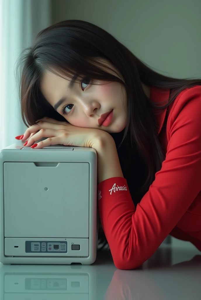 A woman with long, dark hair leans over a printer, her head resting on the glass surface. She gazes intently at the camera with a soft expression, wearing a red colored of AirAsia's cabin crew uniform. Her left hand rests on the printer, while the background is softly blurred, highlighting her and the machine. The overall mood is surreal and artistic, blending human form with an everyday object.