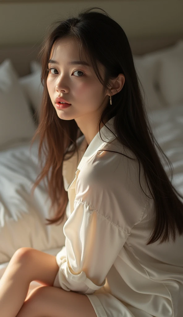 (8K, RAW Photos, Highest quality, masterpiece:1.2), masterpiece, super detailed, super high quality, (Realistic and photorealistic photography:1. 37), High-resolution RAW color photos, Very delicate and beautiful, highly detailed, 8k wallpaper, wonderful, detailed, Very eye, very detailed, very detailed skin, very thin fingers, very detailed nose, very detailed mouth, Perfect Anatomy, BREAK,18 year old girl, (medium hair:1.2), Dark makeup, Big Natural Color Lip, (Plumpy body:1.2), (smooth skin:1.1), BREAK, (white blouse:1.3), short pants, BREAK, (Upper body:1.3 hotel room