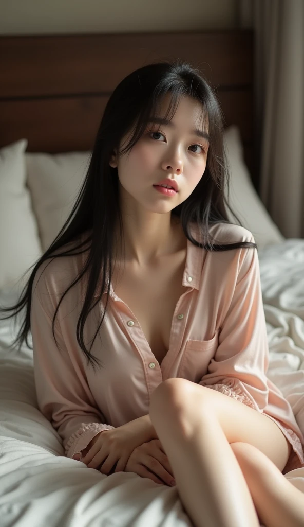 masterpiece, best quality, very detailed, (realistic, photo realistic:1.2), high resolution, RAW photos, 8k, Break NSFW, throw, (hetero:1.1), (Perfect intense sex, evangelist, It must be a penis in question:1.1)asian girl, 20 years old, Cute appearance, (Open your mouth sexy, Became proud:1.1), (blush:1.2), (Silk shirt:1.3), orgasm, from above,( Perfect lie, behind the bed:1.3), (m bridge, spread your legs wide:1.1), long straight hair