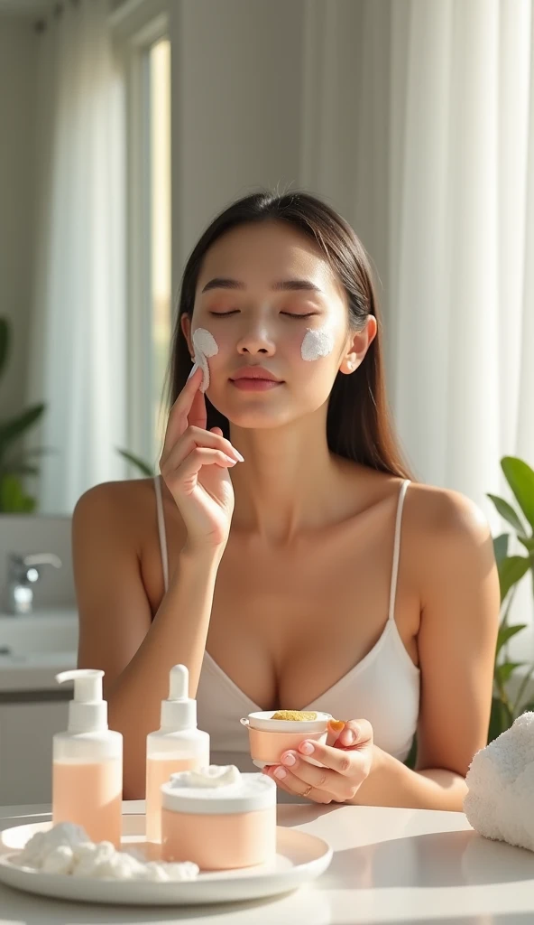 Woman applying exfoliating cream to her face and body.