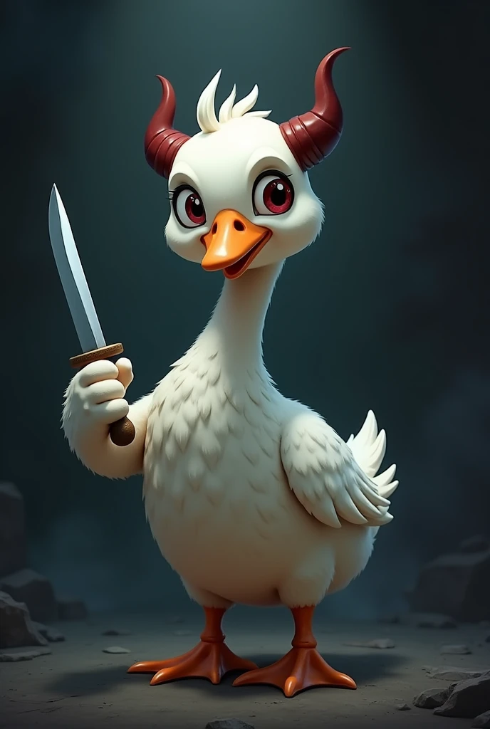 Cute goose with a knife in one wing, devil horns on head on dark background